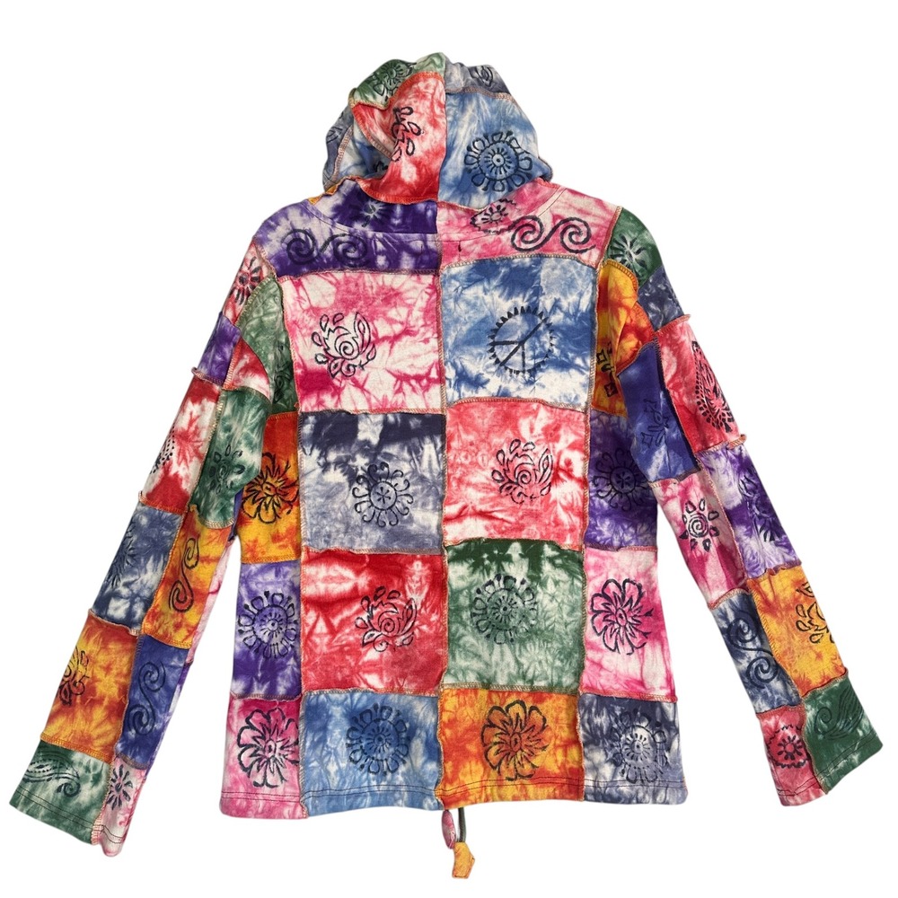 Kathmandu Imports Hoodie Patchwork Tie Dye Woodblock Print Multicolor M Boho - Picture 11 of 11